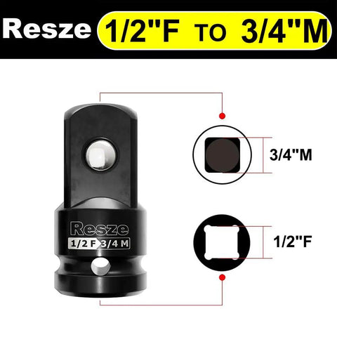 Beefy Impact Socket Adapter And Reducer Set 1/2 to 3/4 inch drive shown with specifications and labeled parts.