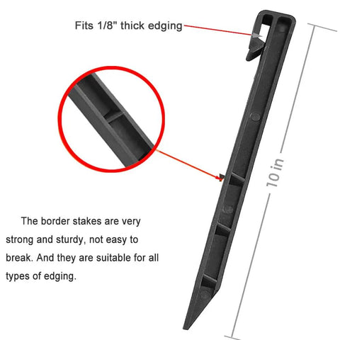Close-up of 10 inch black landscape edging stake with dimensions, focus keyword: 30 Piece 10 Inch Black Landscape Edging Stakes Heavy Duty Plastic Ground Spikes For Yard And Lawn Bordering Gardens Terraces And Pathways Easy Install Sharp Pointed Design Pro Grade Weather Resistant Ideal For DIY Landscaping Projects