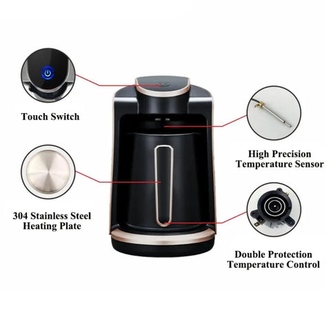 Turkish Coffee Maker 250ML Electric Pot With Boil Dry Safety Overheat Protection, touch switch, stainless steel heating plate