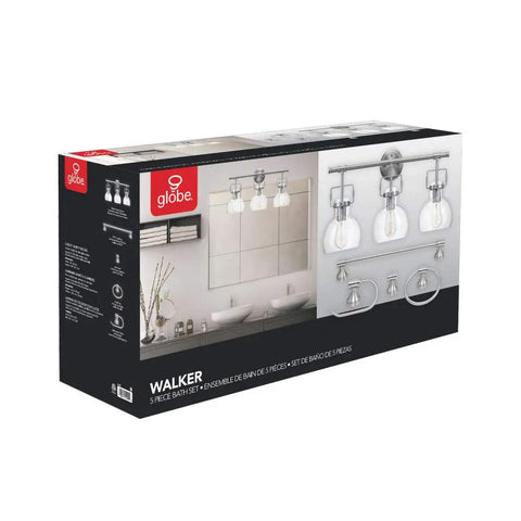 Box of the All In One Bathroom Vanity Set With A 3 Light Fixture, Towel Bar, Toilet Paper Holder, Towel Ring, And Robe Hook In Brushed Nickel