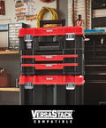 Tool chest, red and black VersaStack-compatible, in a workshop.