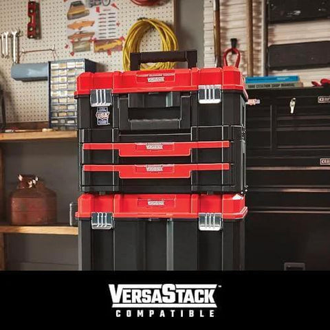 Tool chest, red and black VersaStack-compatible, in a workshop.