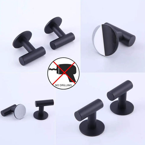 Matte Black Adhesive Towel Hooks Set Of 2 For Bathrooms No Nails Wall Hangers That Hold Towels Tight Stainless Steel Premium Sticky Hooks Rust Resistant Easy Install Without Tools