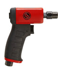 Slick Professional Pistol Grip Air Die Grinder With Adjustable Power Regulator And No Sweat Ergonomic Handle Compact Body Shop Rotary Tool side view of red handle and air connector.