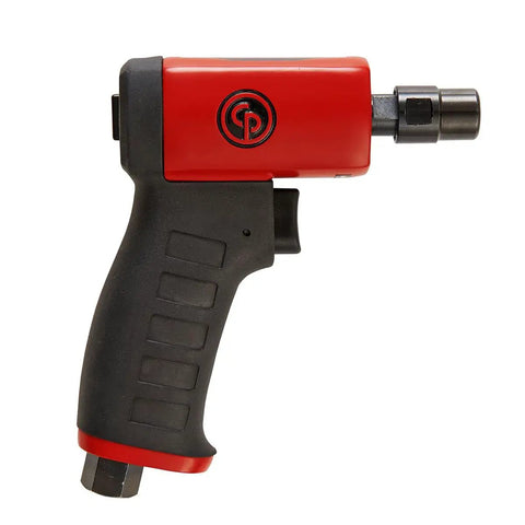 Slick Professional Pistol Grip Air Die Grinder With Adjustable Power Regulator And No Sweat Ergonomic Handle Compact Body Shop Rotary Tool side view of red handle and air connector.