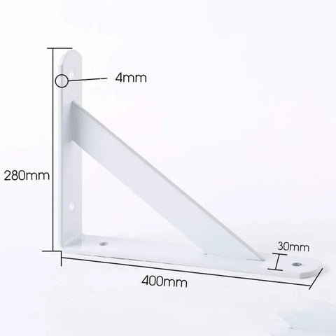 Top Tier Heavy Duty White L Shaped Wall Shelf Brackets, thick iron angle supports, 400mm length, for home decor and storage.