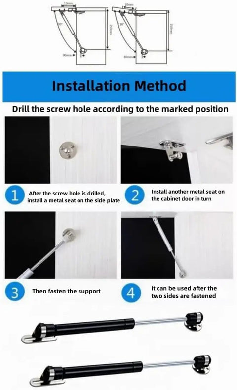 Installation guide for 6 Inch Gas Struts for Cabinets 50N 11lb Lift Supports Shocks Black 4 Piece Set With Screws shown.
