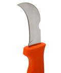 Close-up of Orange Handle Hawkbill Cable Splicer Skinning Knife With Notched 3 Inch Blade For Easy Stripping Of Cable Jackets And Insulation.