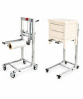 Heavy Duty Portable Manual Lift Stack With Folding Winch Crank Handle Material Handler for Moving 132 Lb Loads and Equipment features a wheeled frame.