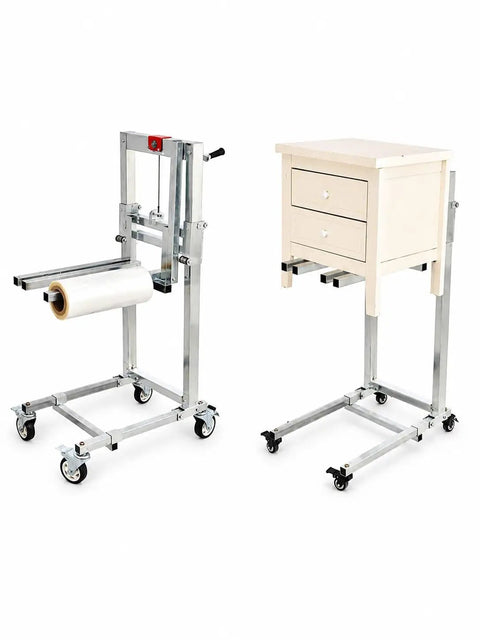 Heavy Duty Portable Manual Lift Stack With Folding Winch Crank Handle Material Handler for Moving 132 Lb Loads and Equipment features a wheeled frame.