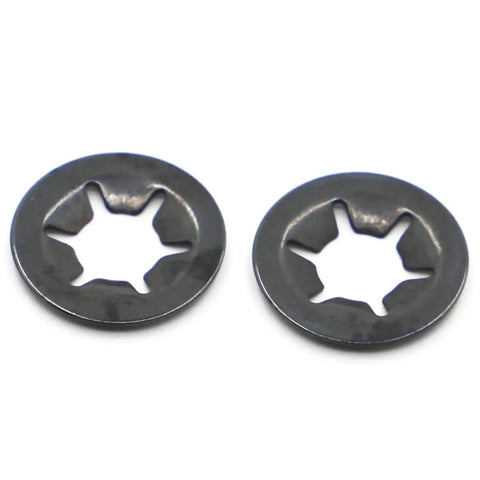 Close-up of two black star lock washers with internal teeth from 500 Pcs Black Star Lock Washers Set With Internal Teeth Grip For Vibration Resistance Plum Flower Shape Bearing Retaining Rings Grab-and-Go Heavy Duty Fit For M2.5 To M12 Metric Fasteners.