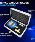 Hiatsu VMH-75 digital vacuum gauge kit in aluminum case; front view shows blue gauge and brass adapters.