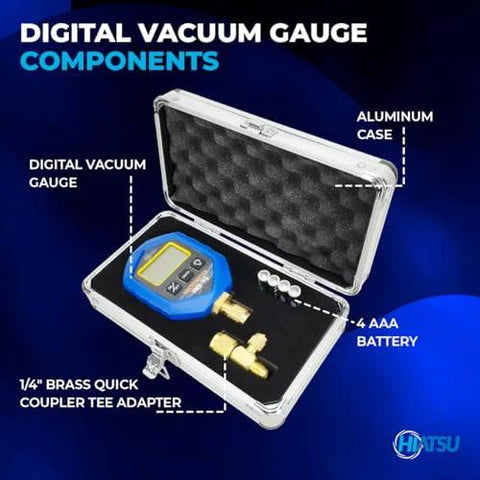 Hiatsu VMH-75 digital vacuum gauge kit in aluminum case; front view shows blue gauge and brass adapters.