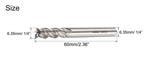 Spiral end mill, 1/4 in HSS, 60 mm long, 4-flute, side view