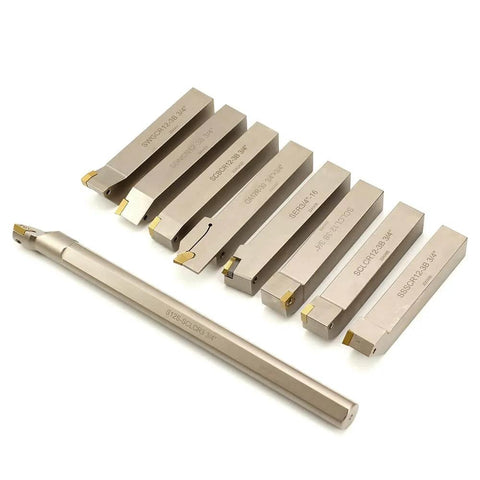 Heavy Duty Nickel Plated Indexable Tool Holder Set With Three Quarter Inch Shank Nine Piece CNC Lathe Tool Holders And Boring Bar
