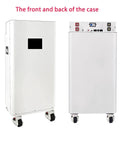 Heavy Duty LiFePO4 Battery Enclosure For Killer DIY Solar Power Storage Setup Built Around 48V Systems And Standard 280Ah Prismatic Cells, front and back views, white metal casing.