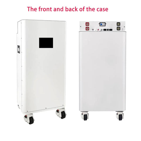 Heavy Duty LiFePO4 Battery Enclosure For Killer DIY Solar Power Storage Setup Built Around 48V Systems And Standard 280Ah Prismatic Cells, front and back views, white metal casing.