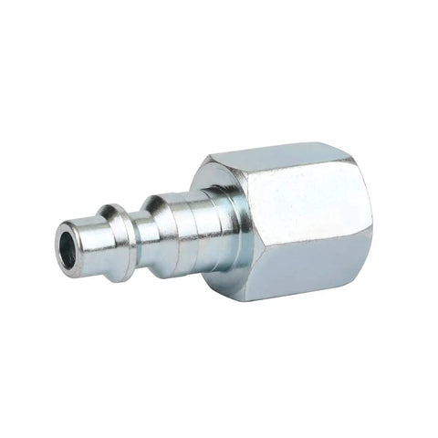 Close-up of Industrial Air Plug Set With One Quarter Inch Body And Three Eighth Inch NPT Female Threads, Zinc Plated fitting