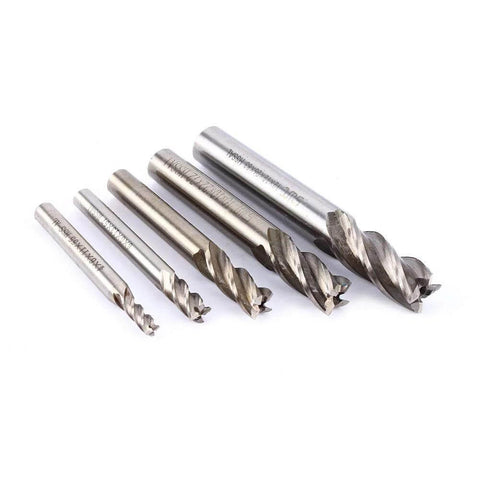 Five 4-flute HSS end mills with straight shanks, 4–12 mm diameters, CNC cutter set