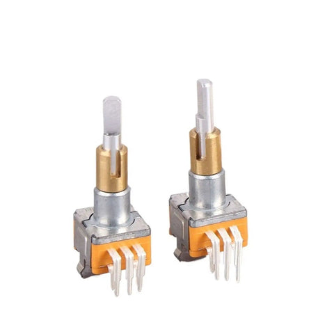 Dual Shaft Axis Rotary Encoder With Push Button Switch For Precision Angle Measurement in metal, showing connectors and build.
