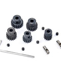 Beefed-Up Hardened Metal RC Pinion Gear Set, 32P, 5mm Inner with 3.175mm Coupler and 13T 15T 17T 19T 21T gears shown