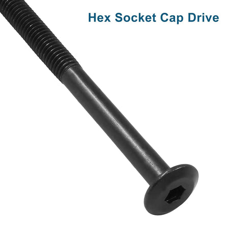 Heavy Duty M6 X 90mm Hex Drive Socket Furniture Barrel Screws And Barrel Nuts In Matte Black, showing hex socket cap drive details.