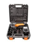 Front view of NAVAC NEF6LM BreakFree power flaring tool kit in a hard case with orange handle, dies, and battery