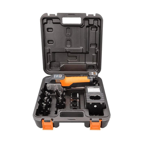 Front view of NAVAC NEF6LM BreakFree power flaring tool kit in a hard case with orange handle, dies, and battery