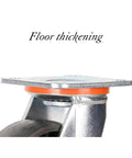 Close-up of Four Pack Heavy Duty Cast Iron Swivel Casters With Brakes For Tables And Workbenches Built Tough With Slick Glide Action 5.25 Inch Wheels showing floor thickening feature.