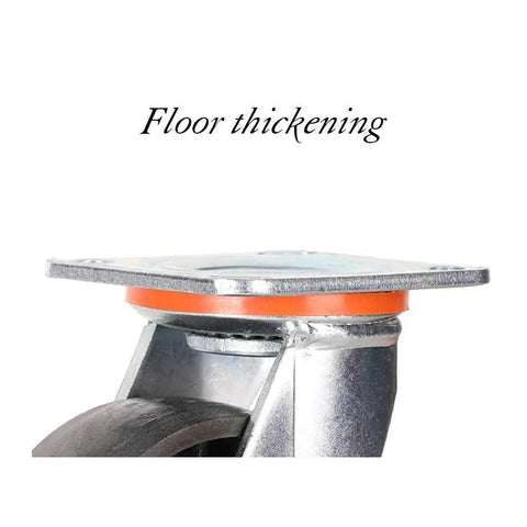 Close-up of Four Pack Heavy Duty Cast Iron Swivel Casters With Brakes For Tables And Workbenches Built Tough With Slick Glide Action 5.25 Inch Wheels showing floor thickening feature.