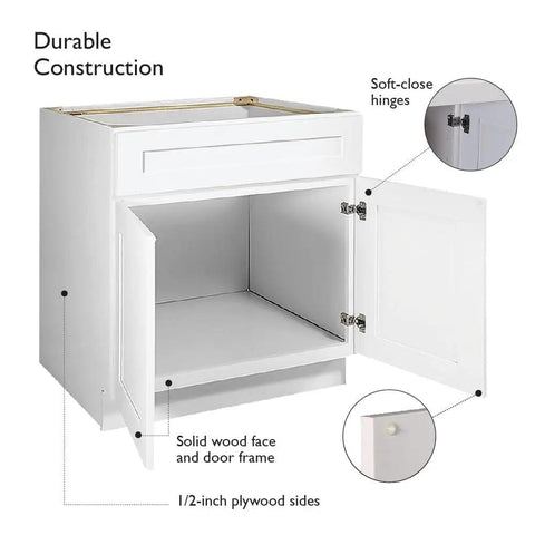 Brookings Shaker Unassembled Sink Base Cabinet 36 W 24 D 34.5 H Painted White Solid Wood For Kitchen Sinks front view open doors