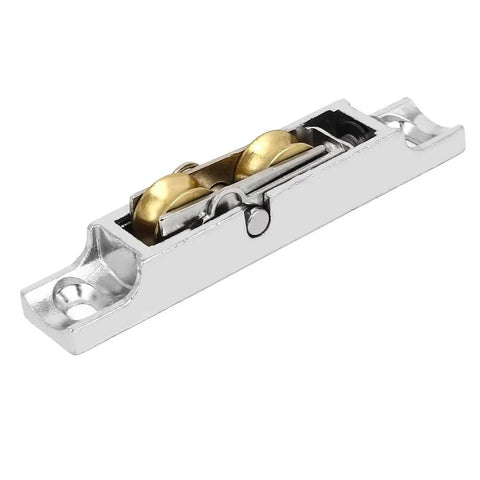 Premium Brass Double Roller Pulley Wheels For Sliding Window Sash Replacement Battle Ready Build, close-up view of two brass wheels.