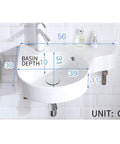Slick Ceramic Wall Mounted Bathroom Sink With Deep Corner Basin And Standalone Pedestal Base dimensions shown on white background.