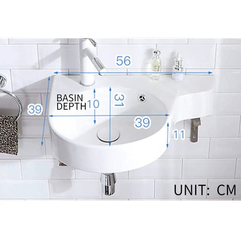 Slick Ceramic Wall Mounted Bathroom Sink With Deep Corner Basin And Standalone Pedestal Base dimensions shown on white background.