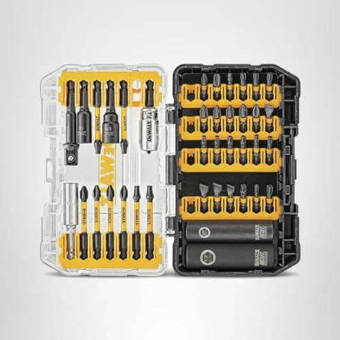 DEWALT Flextorq 40-piece steel screwdriver bit set in yellow/black impact-ready case, front view