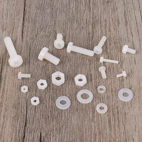 Nylon Screw Nut Washer Assortment Kit M2 To M5 With 270 Pieces displayed on wood surface