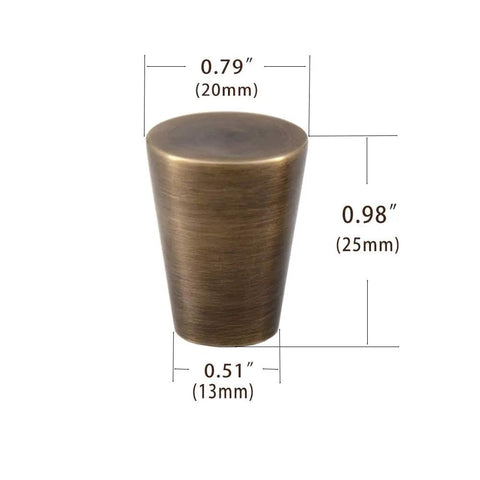 Single knob from Vintage Bronze Drawer Knobs Set Of Four, Solid Brass Cone Cabinet Pulls In Retro Mid Century Style For Dressers, Cabinets Or Bookcases, 0.79 By 0.98 Inches, Antique Finish, Rustproof And Durable, showing dimensions