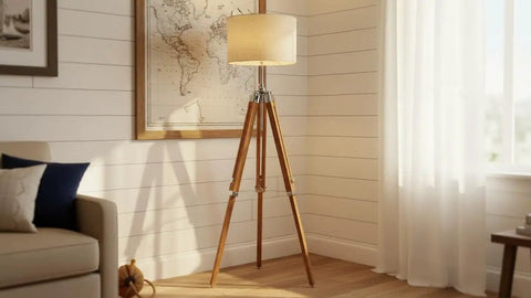 Vintage Teak Wood Tripod Floor Lamp with Chrome Finish 55 Inch Tall Nautical Inspired Rustic Modern Home Decor for Living Room or Den Shade Not Included Durable Steel and Aluminum Construction Unique Gift Idea in cozy room setting.