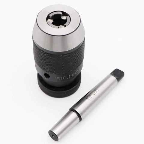 Heavy Duty Drill Press Chuck Kit With JT33 Mount And MT2 JT33 Arbor, Keyless Design, displayed at an angle on a white surface