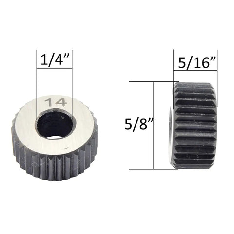 Two Piece Five Eighths Inch Knurling Wheel Set With Straight Pattern Coarse Pitch, side and top view, dimensions shown in inches.