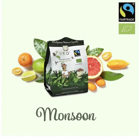 Organic Coffee Pods Compatible With Nespresso Original Machines Variety Pack Of Six Fairtrade Blends In BPA Free Compostable Capsules 60 Pods Intensities 4 Through 9 Toxin Tested Cafe Quality At Home Eco Friendly Convenience front view of Monsoon flavor with citrus fruits
