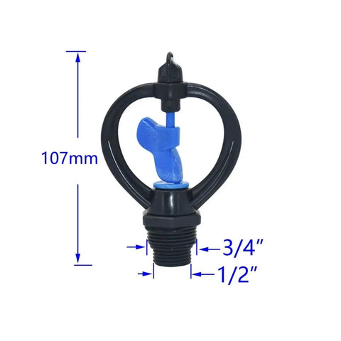 360 Degree Rotary Garden Sprinkler Nozzle For 1/2 And 3/4 Inch Hoses with blue ABS body, 107mm height, front view.