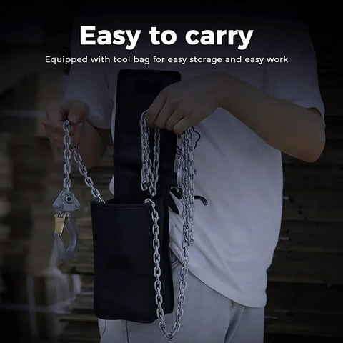 Person holding Mini Lever Chain Hoist 1100Lbs 0.5T With 10 Ft Lift Aluminum Alloy with storage bag, emphasizing portability.