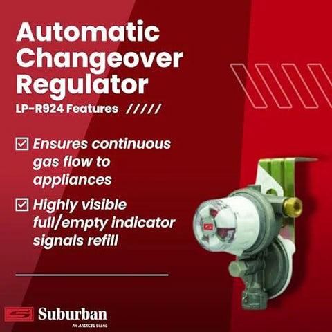 Front view of Suburban LP-R924 automatic propane changeover regulator for RVs, red background with Suburban logo.