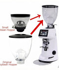 Bean Bin Replacement For F64E And F83E Coffee Grinders, clear transparent hopper, shown with coffee grinder setup