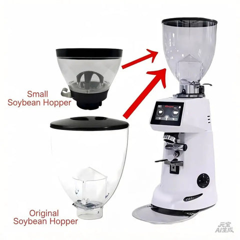 Bean Bin Replacement For F64E And F83E Coffee Grinders, clear transparent hopper, shown with coffee grinder setup