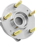 Front Wheel Hub Bearing Assembly Compatible With Hyundai Santa Fe Santa Fe Sport Santa Fe XL Veracruz And Kia Sedona Sorento Rondo Front Wheel Hub Replacement For A Smooth Ride And Reliable Performance in a metallic finish, showing five mounting studs and central splined hole.
