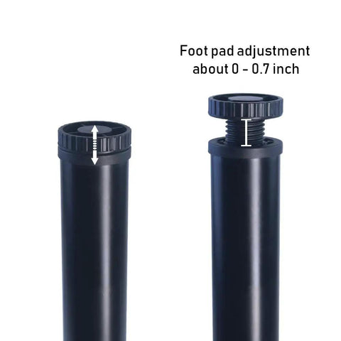 Close-up of Adjustable 28 Inch Metal Desk Legs Set Of 4 In Heavy Duty Black Finish, showing foot pad height adjustment about 0.7 inch.