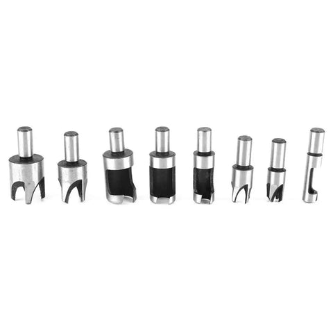 Top Shelf Carbon Steel Wood Plug Cutter Set Featuring Straight And Tapered Bits From Quarter To Five Eighth Inches, sharp carbon steel bits.