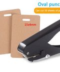 Metal Oval Single Hole Punch 4 15mm Hole Puncher Workhorse with lever action next to punched paper
